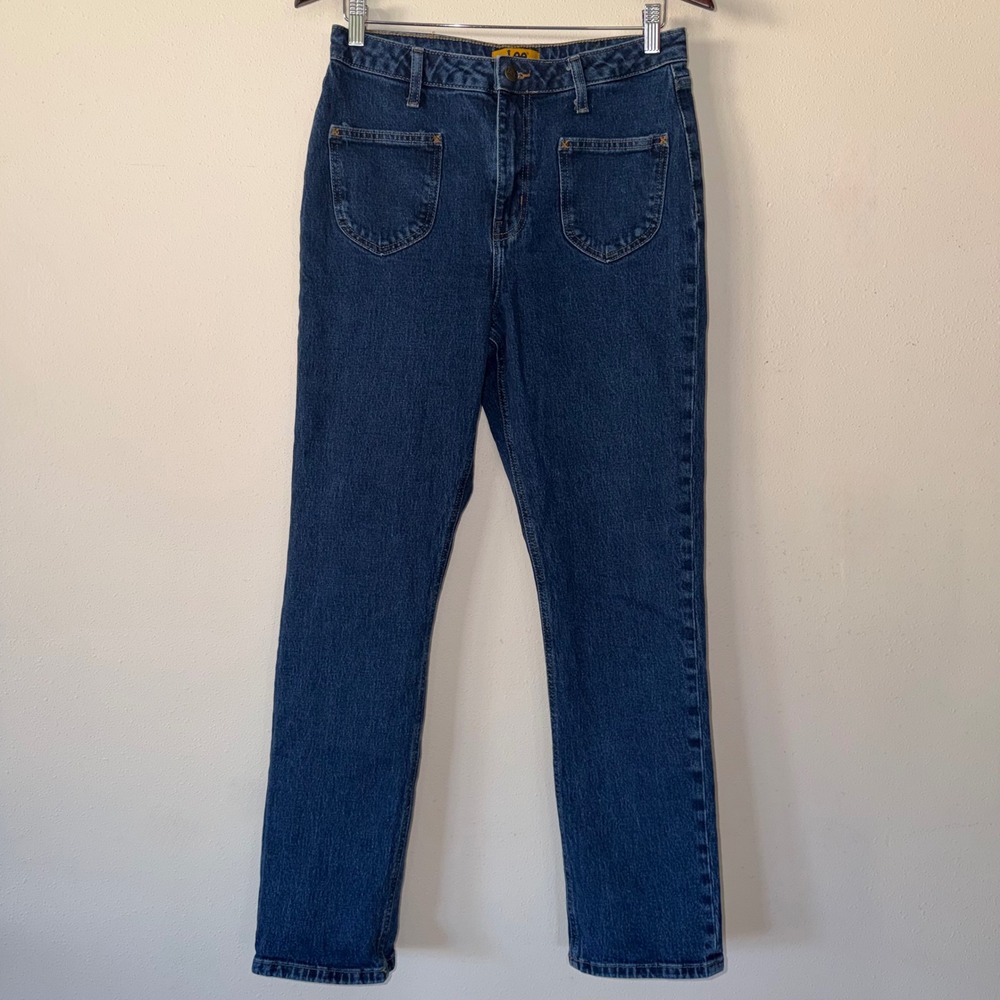 Lee x Forever 21 Women High Waisted Straight Leg Patch Pocket Jeans Dark Wash 29